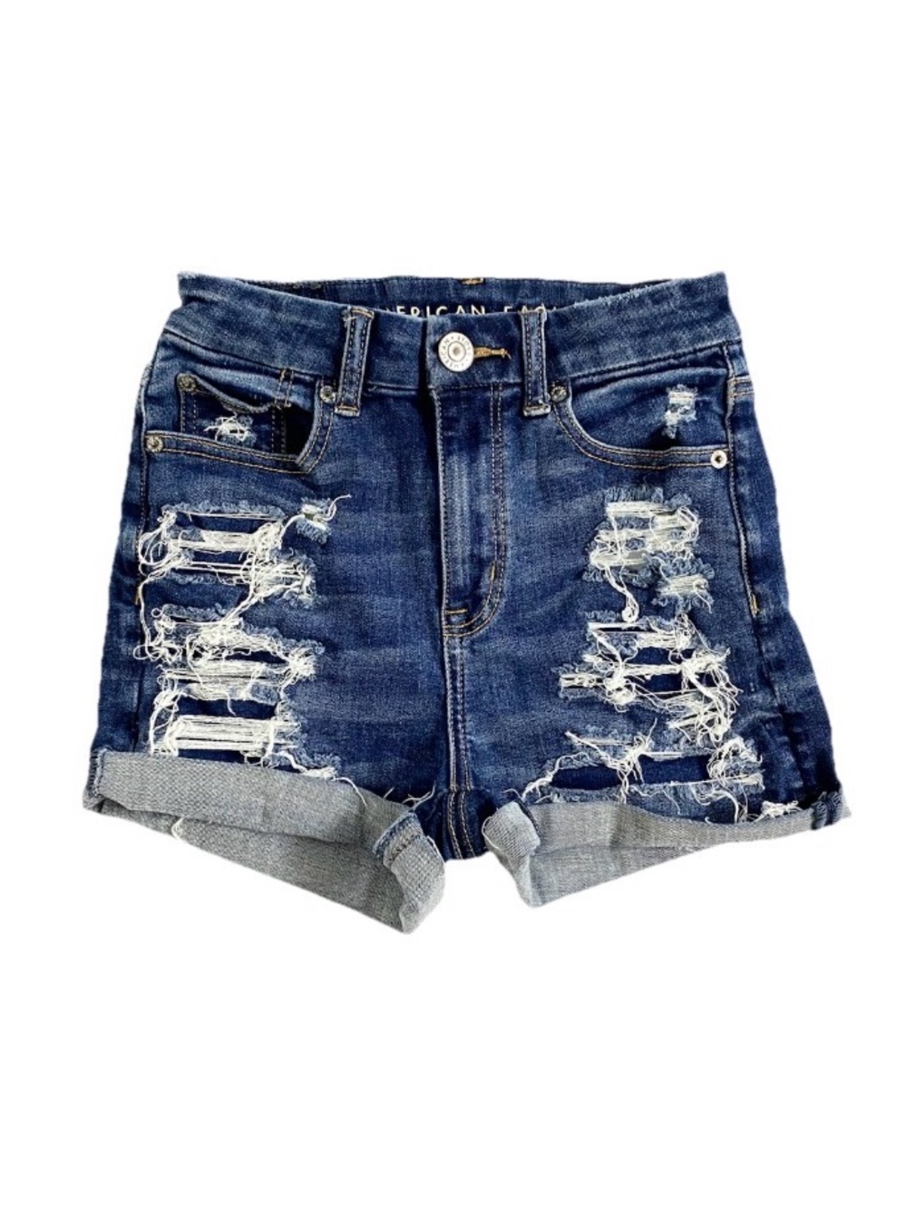 American Eagle | Dark-Wash Denim Curvy Hi-Rise Shortie Ripped Jean Shorts Sz 00